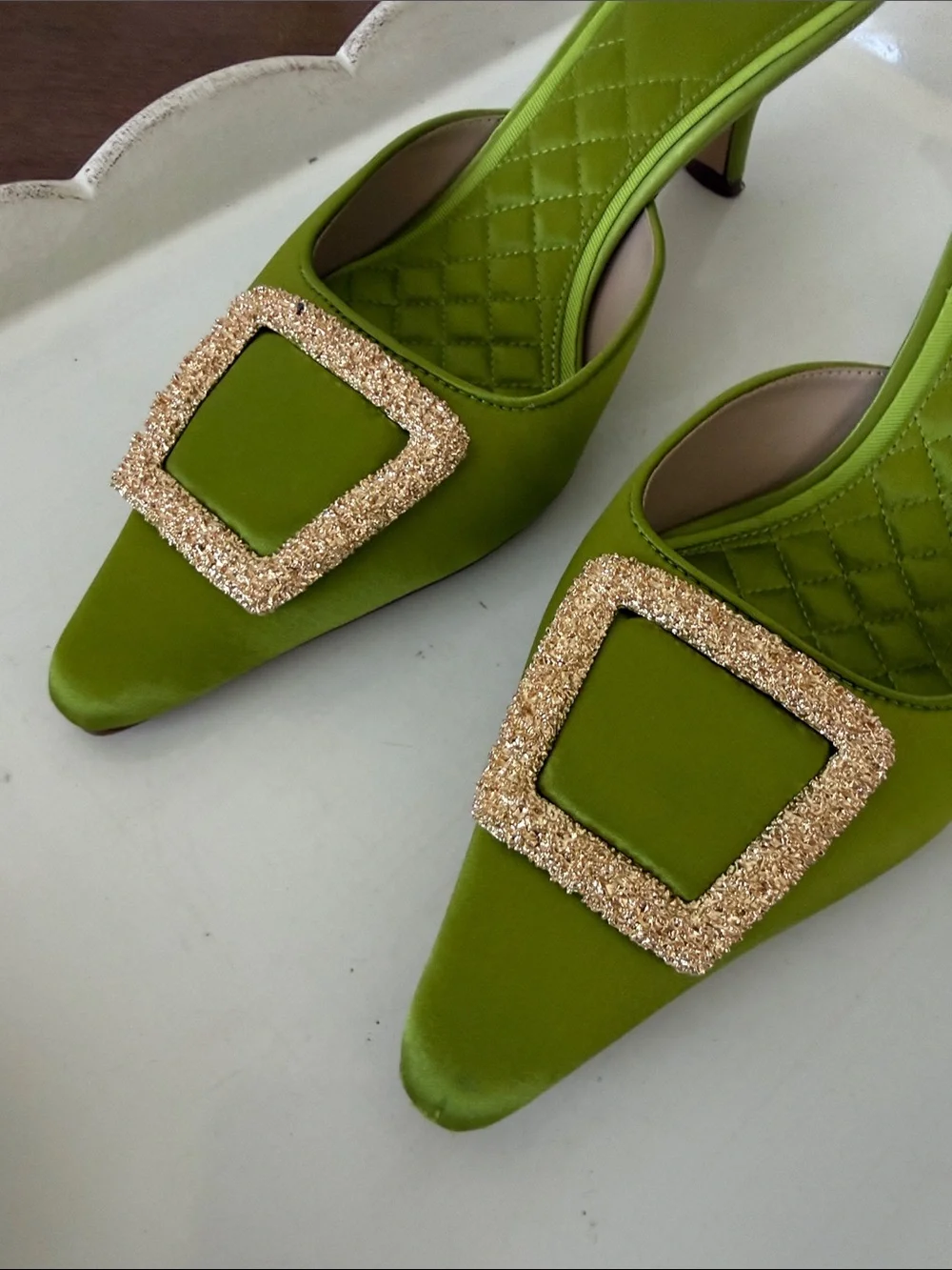 Sam Edelman Green Brit Kitten Satin Mules with Gold Buckle - Size 8.5 - Picture 6 of 14